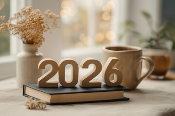 Wooden number 2026 on a black book, with blurred background featuring a dried flower vase, a coffee mug, and warm bokeh lights. Concept of new year, future, and goals