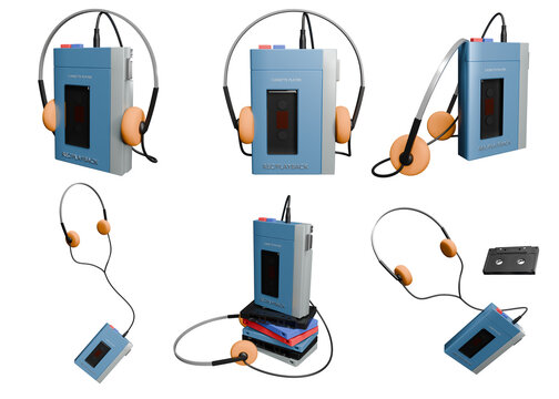 Classic blue vintage portable cassette player and headphones from the 80s on a transparent background. Analog Music.3D render