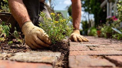Gardener plants a new plant between the brick path on a sunny day. Hands with gloves hold small plant with yellow flowers. Gardening scene.