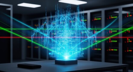 Futuristic data visualization with holographic network representation in a high-tech server room