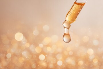 Glass dropper with golden cosmetic serum or oil, releasing clear liquid droplet. Blurry warm bokeh lights, soft, luxurious background