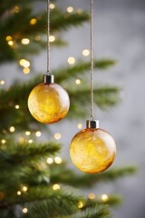 Two glowing amber glass Christmas ornaments hang from rustic strings on a festive green Christmas tree, surrounded by warm, blurry lights against a light grey background, evoking holiday spirit