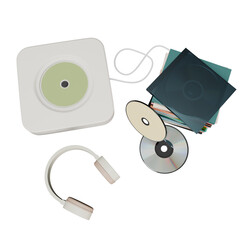 Modern CD player with headphones and a stack of CDs with cases on transparent background. 3d render