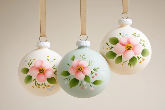 Three hanging pastel Christmas ornaments with delicate pink floral design. Round baubles, cream and light green, on ribbons against plain background, depicting holiday decoration