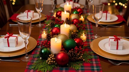 Fototapeta premium Festive Christmas table setting with plaid runner, ornaments, pine cones, evergreen branches, candles, gold chargers, gift boxes, and warm holiday lighting.