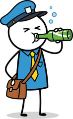 Cartoon stick figure postman, mailman character in uniform, drinking beer from green bottle, taking a break, isolated vector illustration.