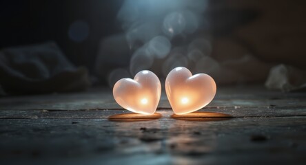Romantic Heart-shaped Candles Glowing Warmly on Rustic Wooden Surface in Soft Low Light