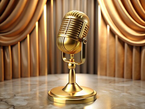 Vintage golden microphone on a stage with elegant drapes and reflective floor