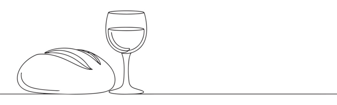 Continuous one line drawing of a loaf of bread and a glass of wine. Concept of communion or celebration