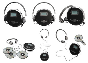 Retro-style portable CD player in black and silver with headphones on a transparent background. Disc player. 3D rendering