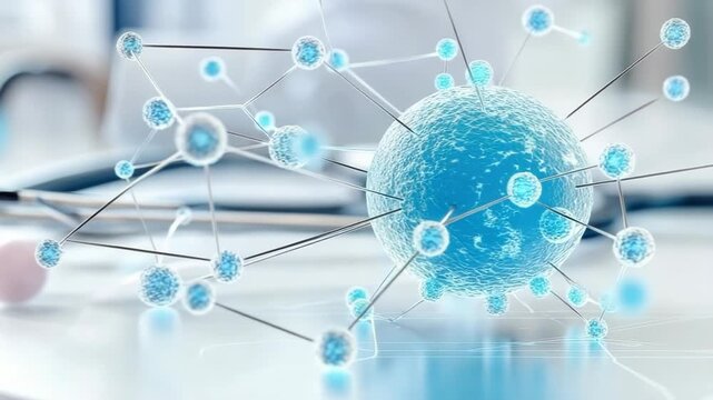 Abstract 3D rendering of a vibrant blue molecular structure or atomic model rotating in a clean, modern scientific laboratory, illustrating research and technological advancements