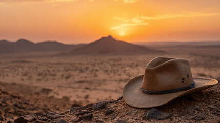 A worn straw hat rests on rocky terrain with a desert vista unfolding against a dramatic sunset, evoking the spirit of adventure.