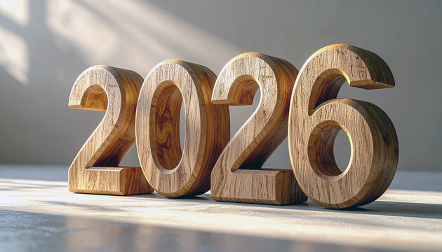 Numerical Anticipation: The year 2026, sculpted from wood, casts shadows in a softly lit setting, symbolizing future possibilities, plans and reflections.