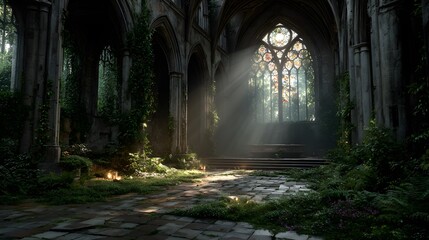Fototapeta premium Interior of a beautiful, ruined gothic cathedral, overgrown with ivy and moss. Sunbeams from a broken window illuminate the ethereal scene.