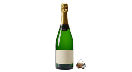 Green glass bottle of champagne with a gold foil top and blank label, isolated on transparent background