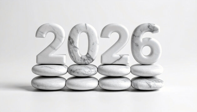2026: Crafted from exquisite marble, each numeral rests delicately upon a perfectly balanced pile of stones, symbolizing harmony and precision. A symbol of vision and planning 