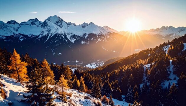 A breathtaking view of snow-covered mountain peaks bathed in the warm glow of a rising sun, with a dense pine forest in the foreground.