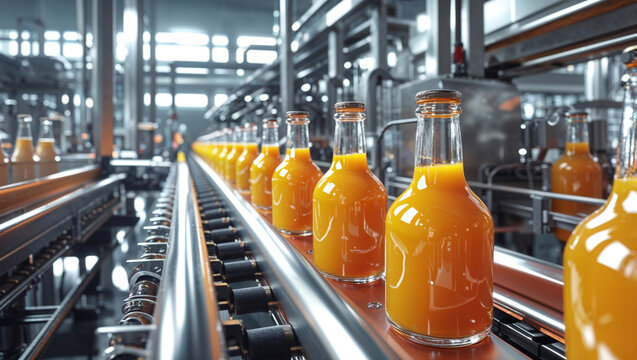 Bottled juice production line in a modern food processing facility