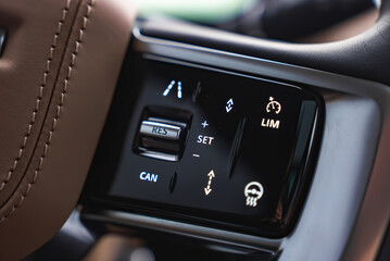 Close up shows lane keeping, adaptive cruise RES and SET, LIM, distance, and heated wheel icons on glossy black trim and tan stitched leather in soft natural light.