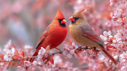 A pair of northern cardinals perched on a blossoming branch. The male displays vibrant red feathers, while the female shows muted brown hues.
