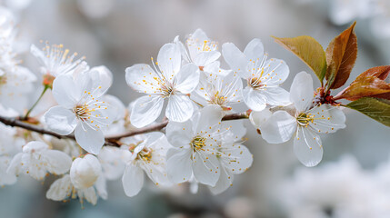 Obraz premium A vibrant close-up captures the delicate beauty of white cherry blossoms in full bloom, highlighting their intricate details in stunning clarity.