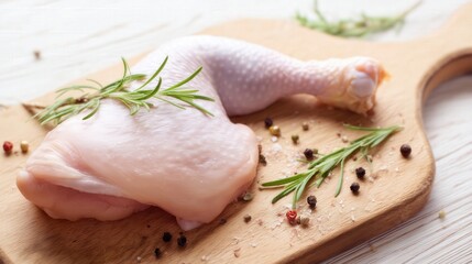 Raw chicken leg with rosemary on white background isolated. Generative AI