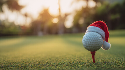 Golf ball wearing Santa Claus hat on a tee on a golf course during sunset. Holiday spirit on the green. Golfing themed Christmas cheer.