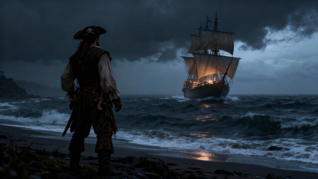Pirate standing on shore looking at ship in stormy sea  