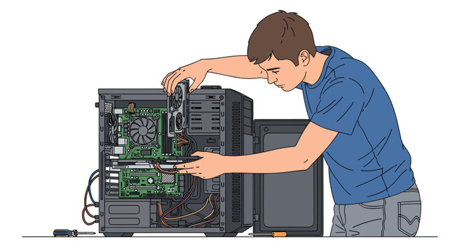 Technician upgrading computer with graphic card in modern workspace, illustrating IT support and computer hardware maintenance solutions