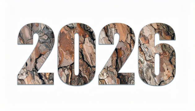 2026: An intricately textured rendering of the year 2026, where the numerical figures are uniquely and creatively composed of wood grain.