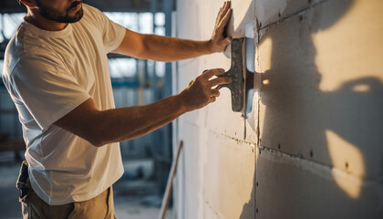 Focused construction worker smoothing drywall with trowel, creating seamless walls for a modern home, skilled tradesman at work, home renovation project