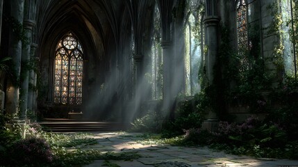 Fototapeta premium Interior of a beautiful, ruined gothic cathedral, overgrown with ivy and moss. Sunbeams from a broken window illuminate the ethereal scene.