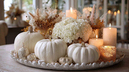 Elegant autumn scene with white pumpkins, candles, and floral arrangements set on a decorative tray, evoking a sense of fall elegance.