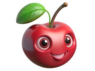 Cute cartoon cherry character with a happy smiling face and a green leaf on a white background