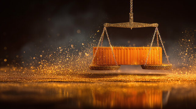 Glistening gold scale in balance with shipping container, symbolizing economic fairness and the importance of trade in a global market.
