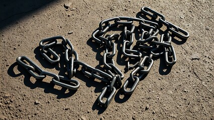 shackles. Severed metal chain links scattered on rough concrete ground with shadows. event key visuals, club posters, designed for sports event promotions and stadium branding, supports training.