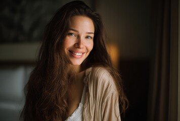 Obraz premium portrait of a beautiful young woman with long dark wavy hair smiling gently in a soft naturally lit bedroom