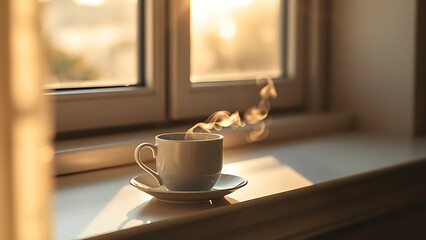 windowsill. Sunlit windowsill with a steaming cup of tea, warm and cozy morning atmosphere. bar promotions, beverage menus, designed for food & beverage menus and cafe branding.