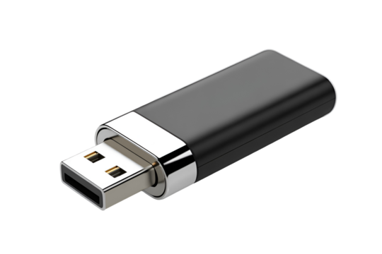 Black usb flash drive isolated on transparent background