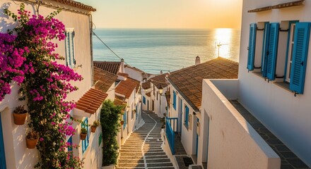 Picturesque narrow street in a charming mediterranean village with a sea view at sunset