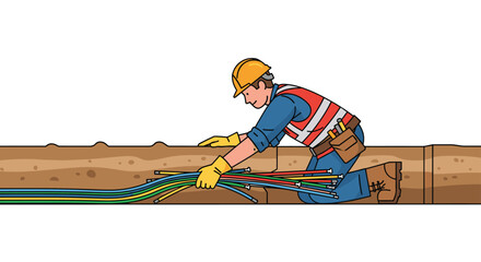 Dedicated lineman connecting underground cables for reliable fiber optic internet infrastructure and communication networks in the community