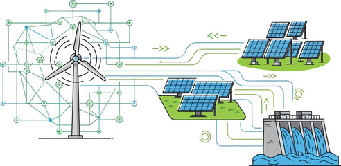 Renewable energy sources like wind turbine, solar panel, and hydroelectric power