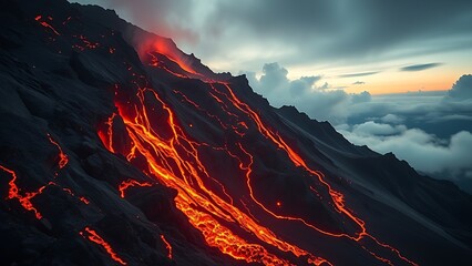 mountainside. Fiery lava flowing down a dark mountainside, glowing with intense heat. travel magazines, destination branding, designed for travel destination branding, inspires travel planning.