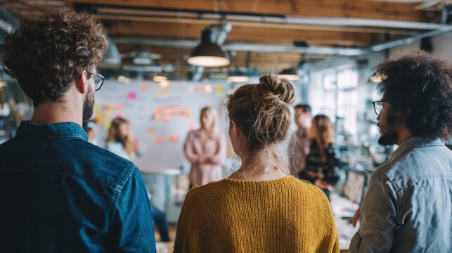 Group of Diverse People Listening to Woman Speaking in Modern Office Meeting Room