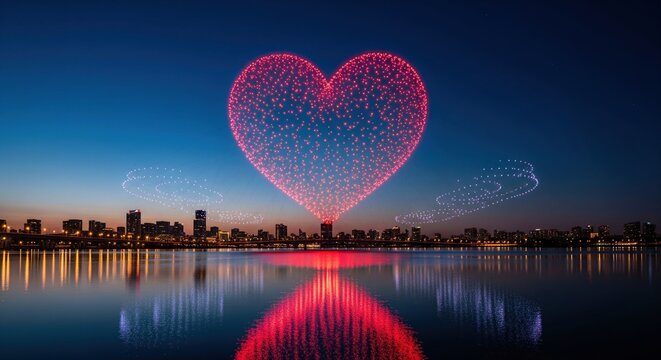 Stunning drone light show with a glowing red heart in the sky over a modern city at night