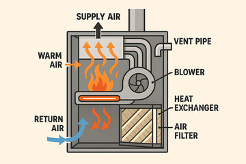 furnace filter air technician. Diagram illustrating the components of a heating system, including airflow directions and key elements like the blower and heat exchanger.