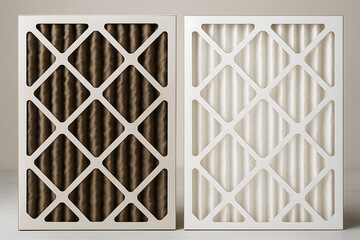 furnace filter air technician. Two air filters are shown side by side; one is dirty and brown, while the other is clean and white, illustrating the importance of maintaining air quality.