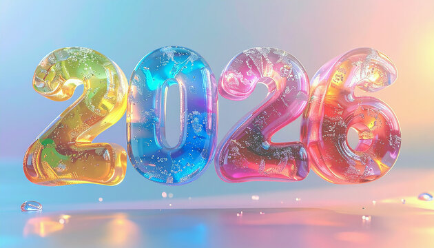 Chromatic New Year: 2026 glitters in multi-colored crystalline luminescence, signifying the dawn of a fresh epoch.