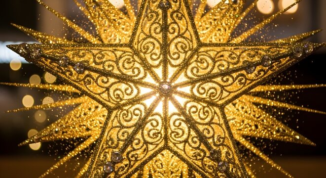A lavish Christmas star, adorned with glitter for a golden glow