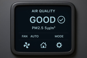 furnace filter air technician. The image displays an air quality monitor indicating "GOOD" air quality with PM2.5 levels and control options for fan, auto, and mode settings.